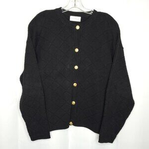 Carrol Reed Cardigan Sweater L Black Diamond Textured Crest Buttons Old Money